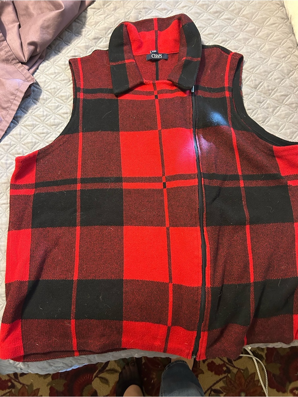 Chaps Red & Black Plaid Zip Front Vest